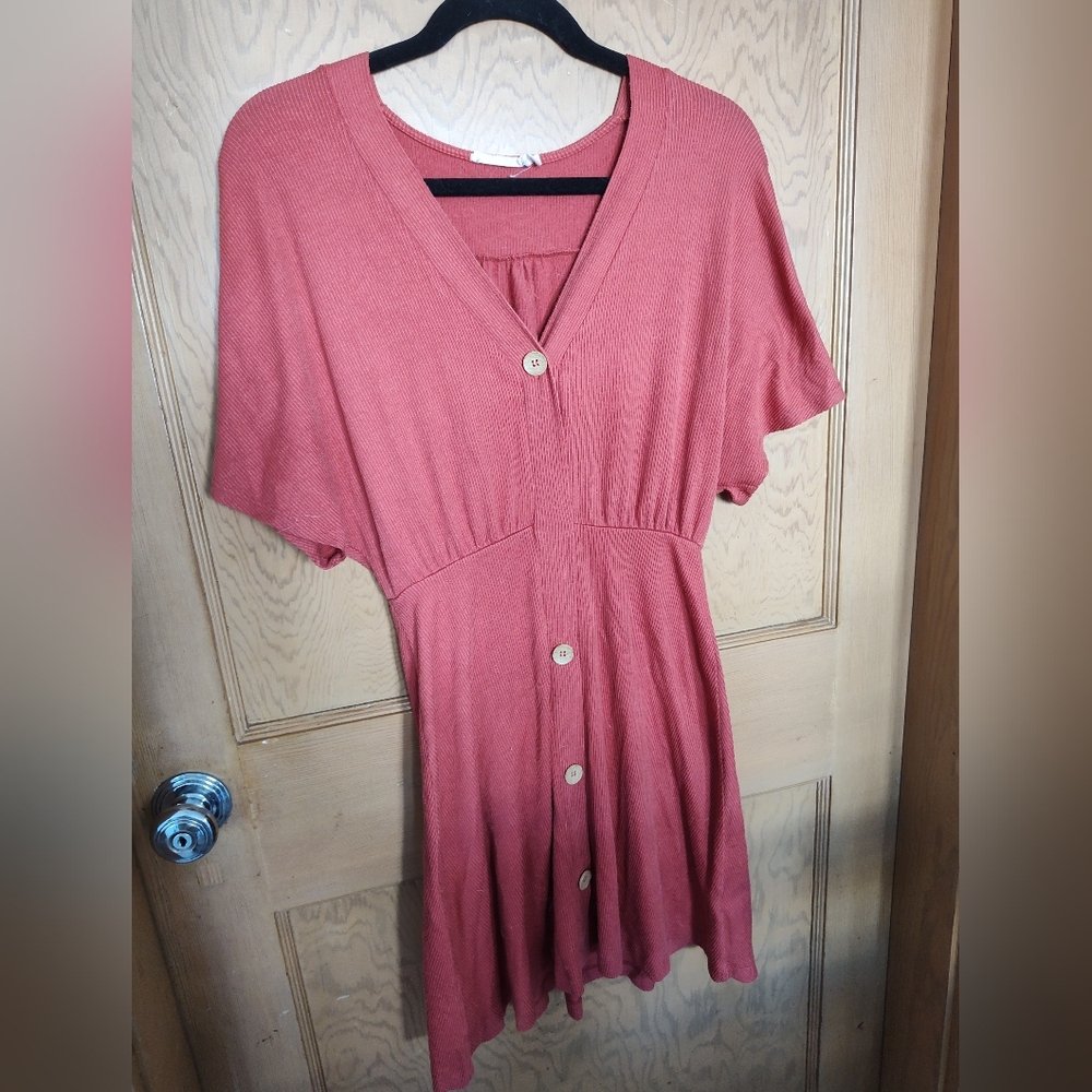 Lush V-Neck Buttoned Midi Dress in Terracotta